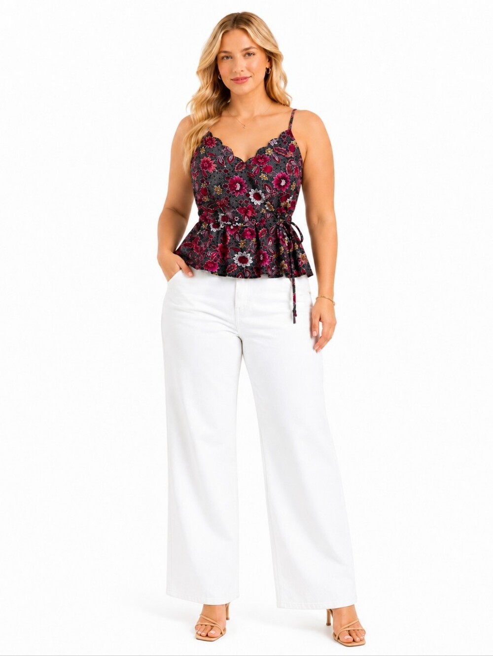 Nine Britton Floral Faux Wrap Scalloped  Peplum Cami Top NWT L - Picture 10 of 10